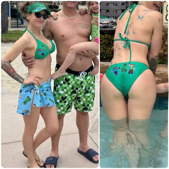 Unbranded Other - MINECRAFT Green Bikini Skirt Set With Visor Matching Men’s Swim Trunks S/L/XL